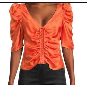 Cinq a Sept Betty Ruched Orange Top V-Neck Puff Sleeve Blouse Size M